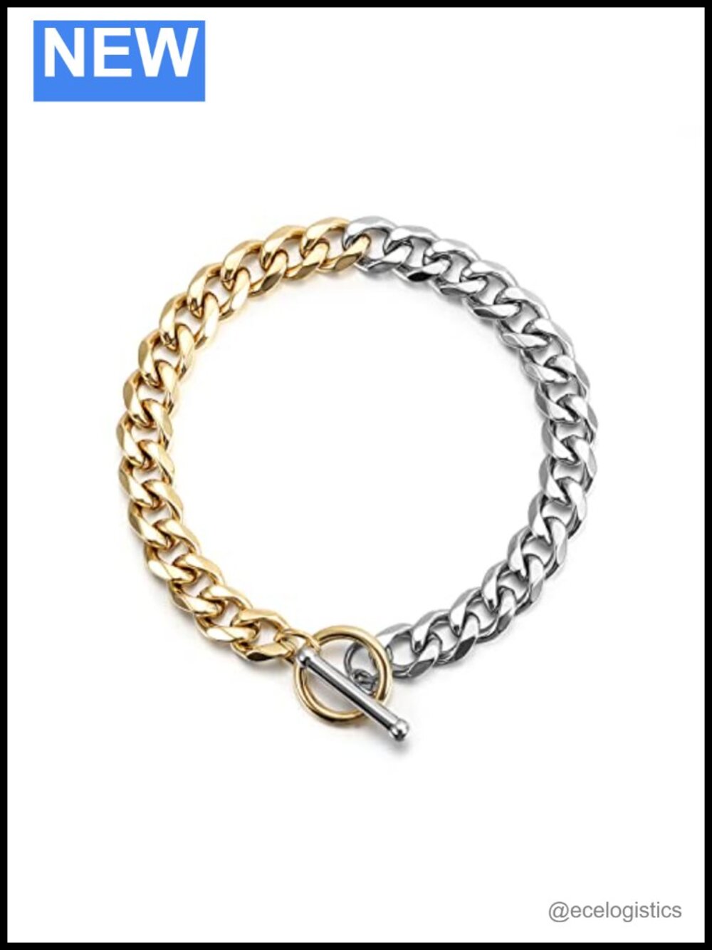 Two Tone Cuban Link Bracelet Gold Plated Stainless Toggle Clasp